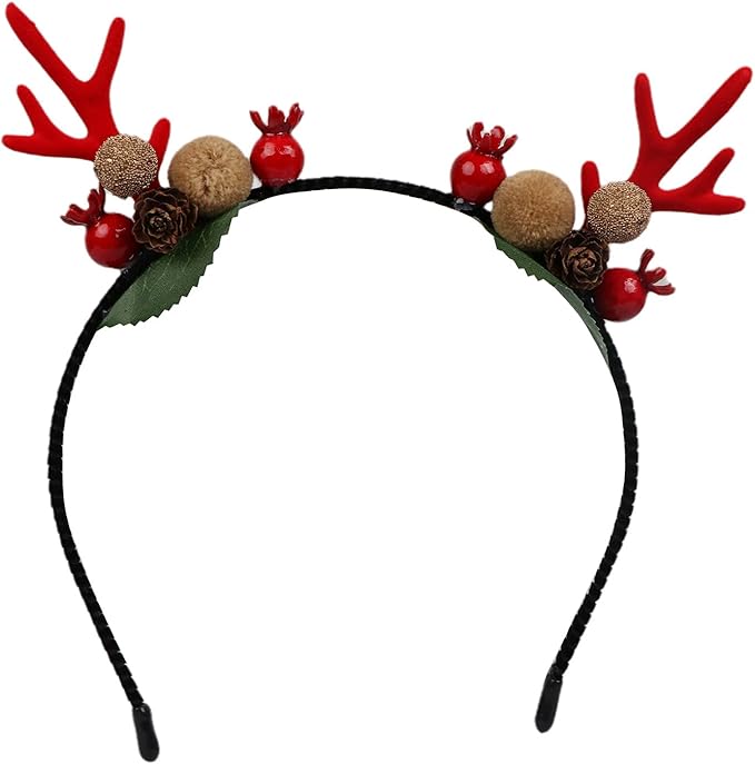 yagejst 圣诞麋鹿鹿鹿角头带花朵和松果发带发饰,适合儿童和成人使用